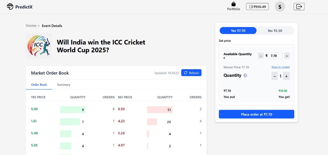 Probo Clone — prediction market with custom order-matching engine