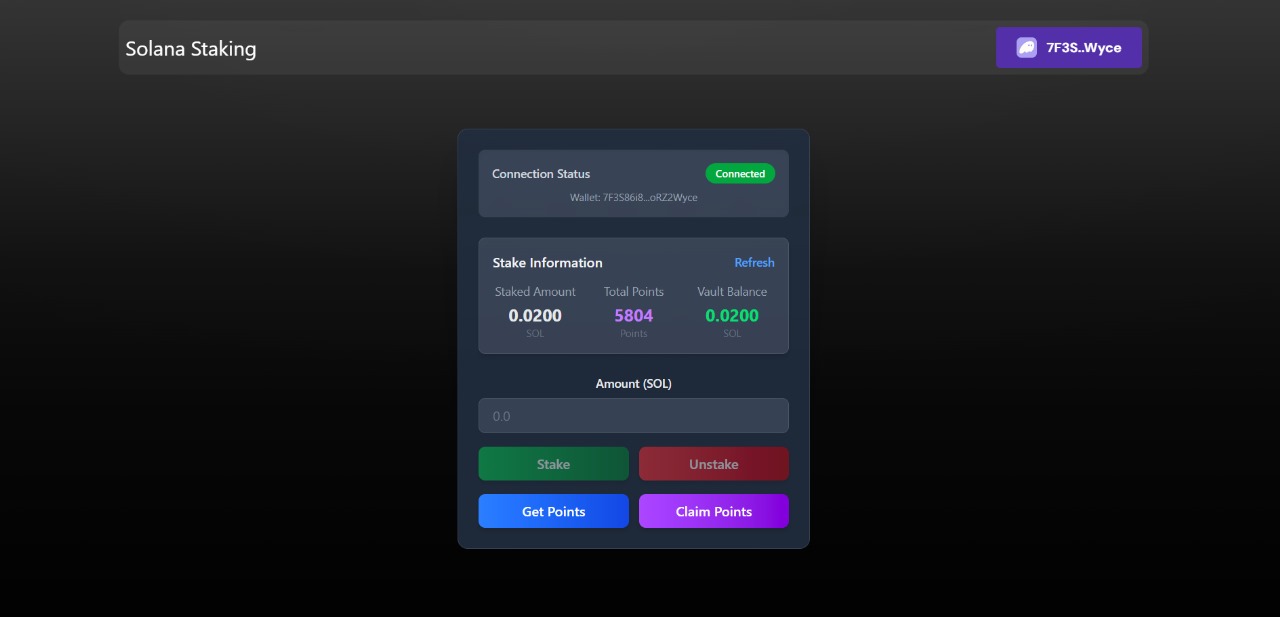 Solana Staking — Anchor smart contract for SOL staking with points system